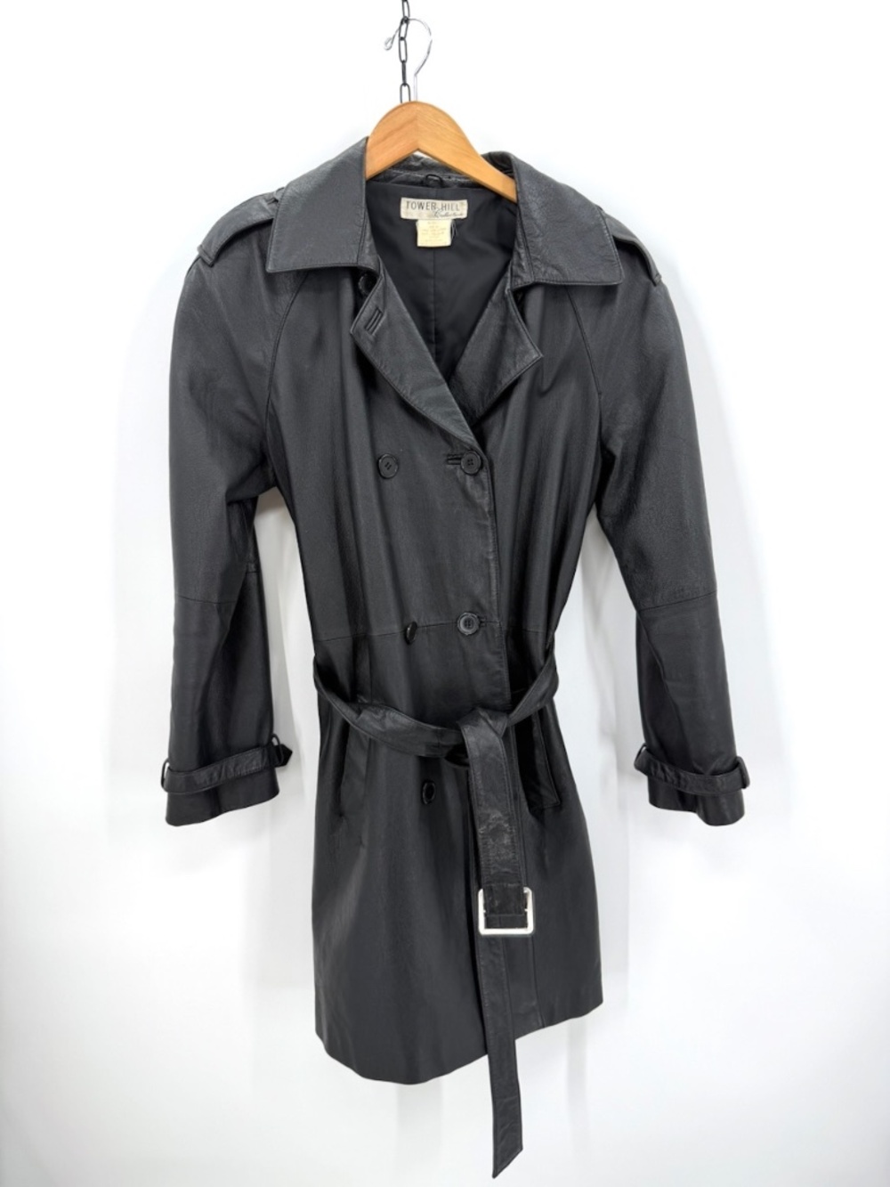 Tower Hill Collection Black Leather Trench Coat Belted vintage size 14